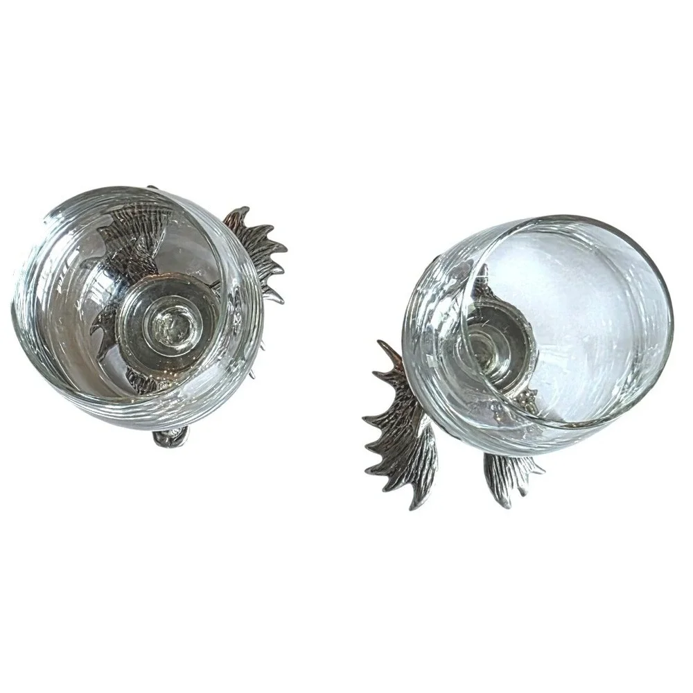 Shot Glass Set Moose Head Pewter Base Cabin Decor Silver Clear